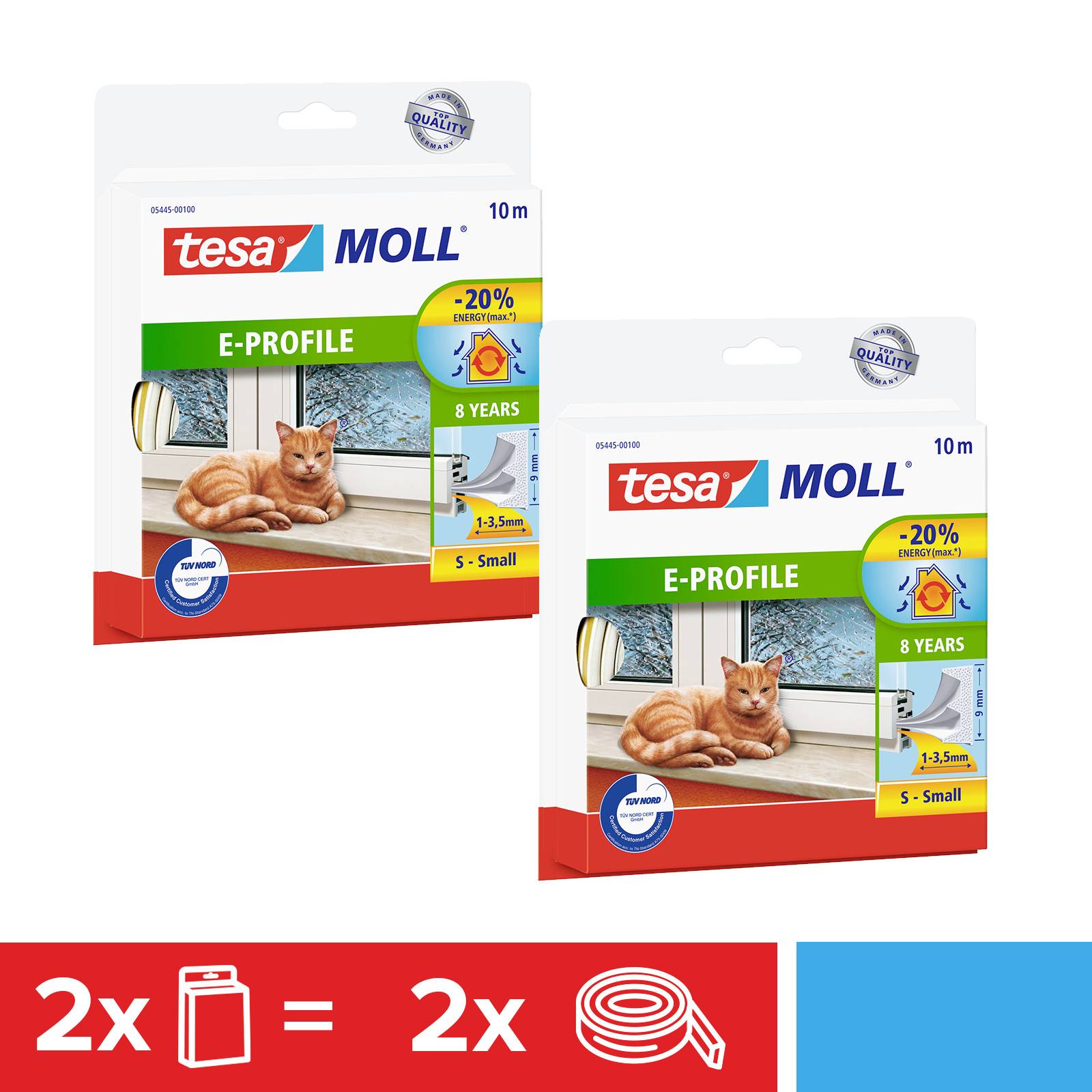 Zwei Tesa Moll E-Profil-Verpackungen mit orangefarbener Katze auf Fensterbank. Text: 'E-Profile', '10m', '-20% Energie'.