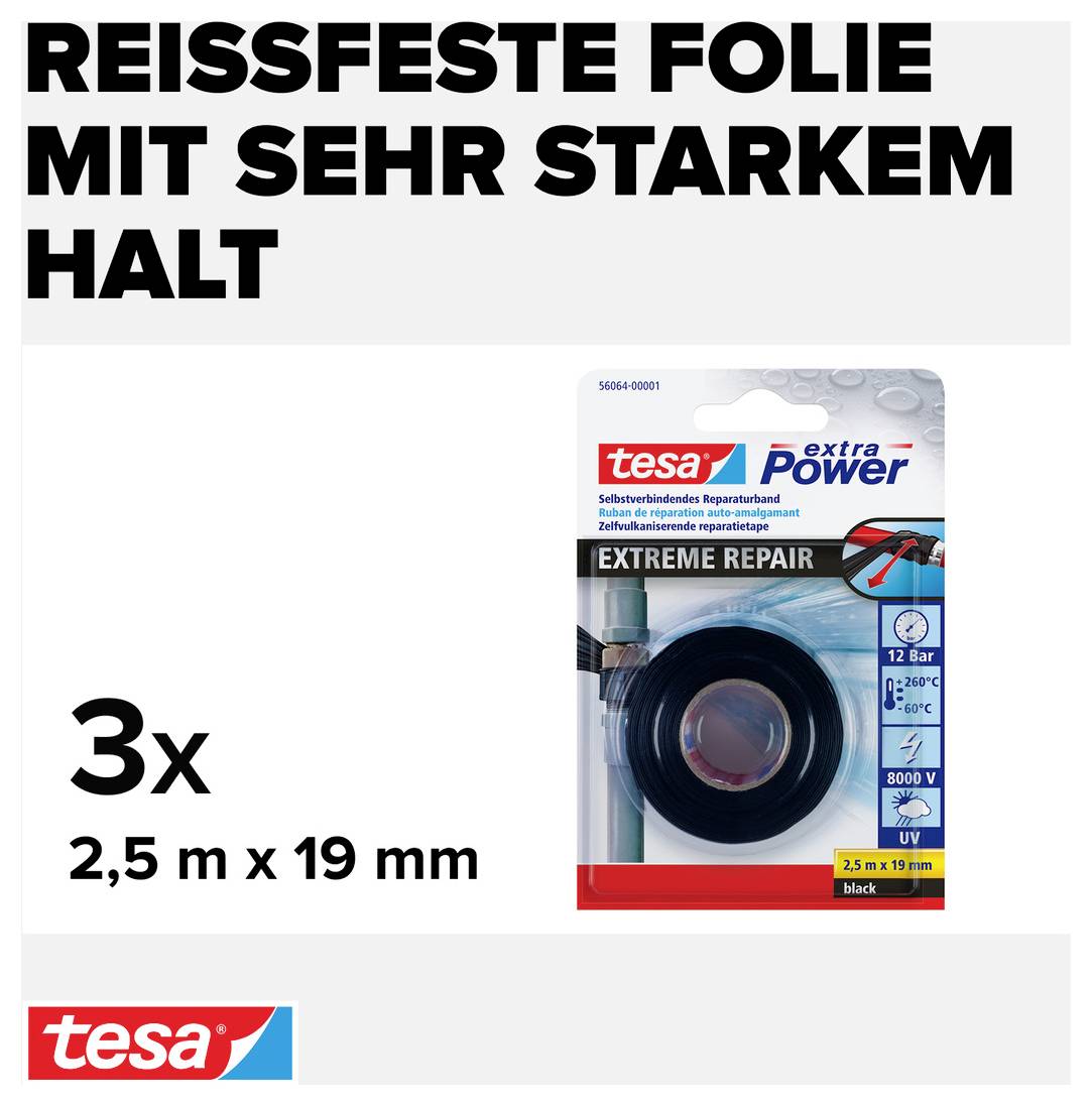 'REISSFESTE FOLIE MIT SEHR STARKEM HALT' zeigt eine Verpackung von Tesa 'extra Power Extreme Repair', 3 Rollen, 2,5 m x 19 mm.