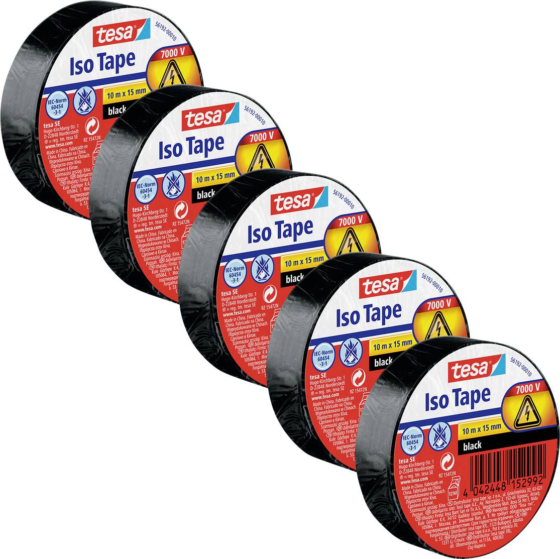 Fünf Rollen schwarzes Tesa Iso Tape sind nebeneinander aufgereiht, jede mit roten Etiketten, die Spezifikationen anzeigen: 10 m x 15 mm, geeignet für 7000 V.