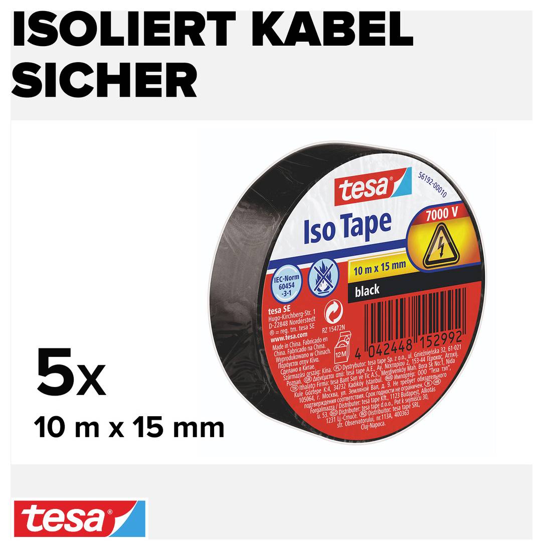 'Iso Tape' von Tesa, schwarze Isolierbandrolle, 5 Stück à 10m x 15mm. Spannung bis 7000V.
