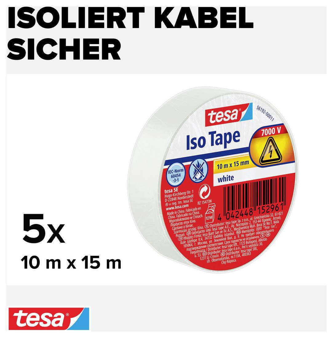 Fünf Rollen weißes Iso Tape von Tesa, je 10 m x 15 mm, geeignet für Isolation bis 7000 V.