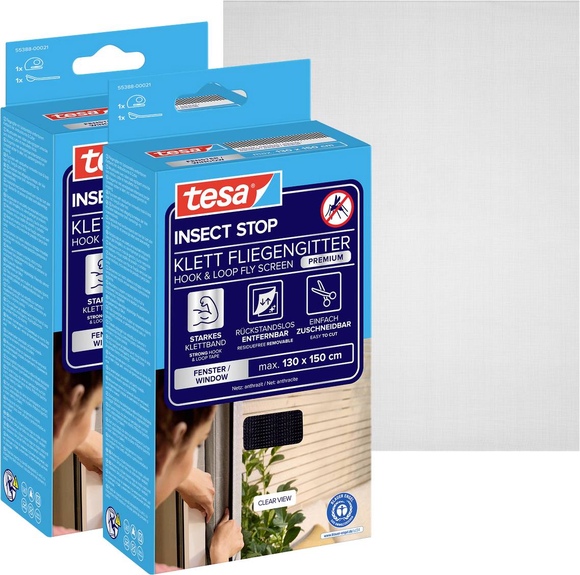 Zwei tesa Insect Stop Fliegengitter-Paketboxen, blau und weiß, mit der Bezeichnung 