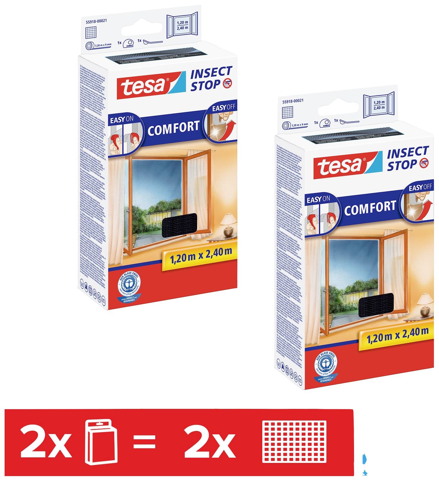 Zwei Verpackungen Tesa Insect Stop Comfort für Fenster, Maße 1,20 m x 2,40 m, illustrieren Mückenschutz. Unten rote Grafik: 2x Batterie gleich 2x Fliegengitter.