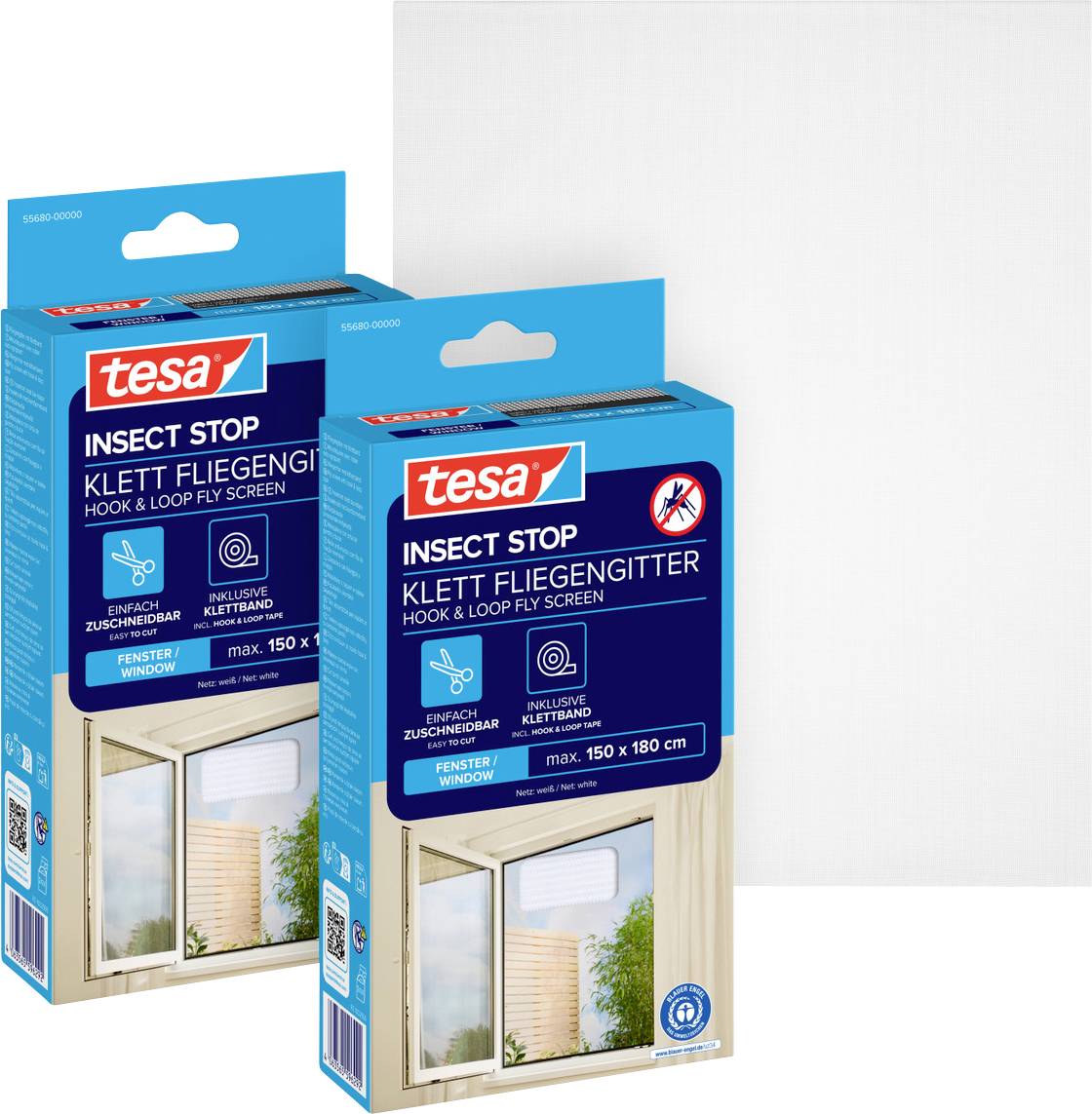 Zwei Tesa Insect Stop Klett-Fliegengitter-Pakete für Fenster, dargestellt in blauen Kartons mit Produktfenstern und deutscher/englischer Kennzeichnung.