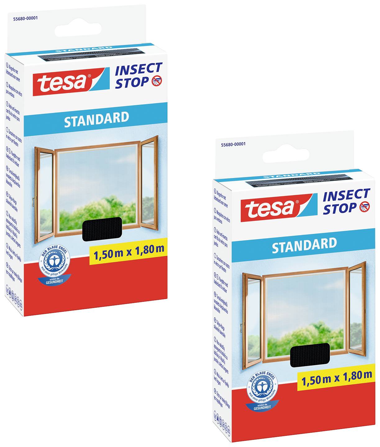 Zwei Tesa Insect Stop Standard Packungen, jeweils mit einem Bild eines offenen Fensters. Jede Packung zeigt die Maße 1,50 m x 1,80 m.