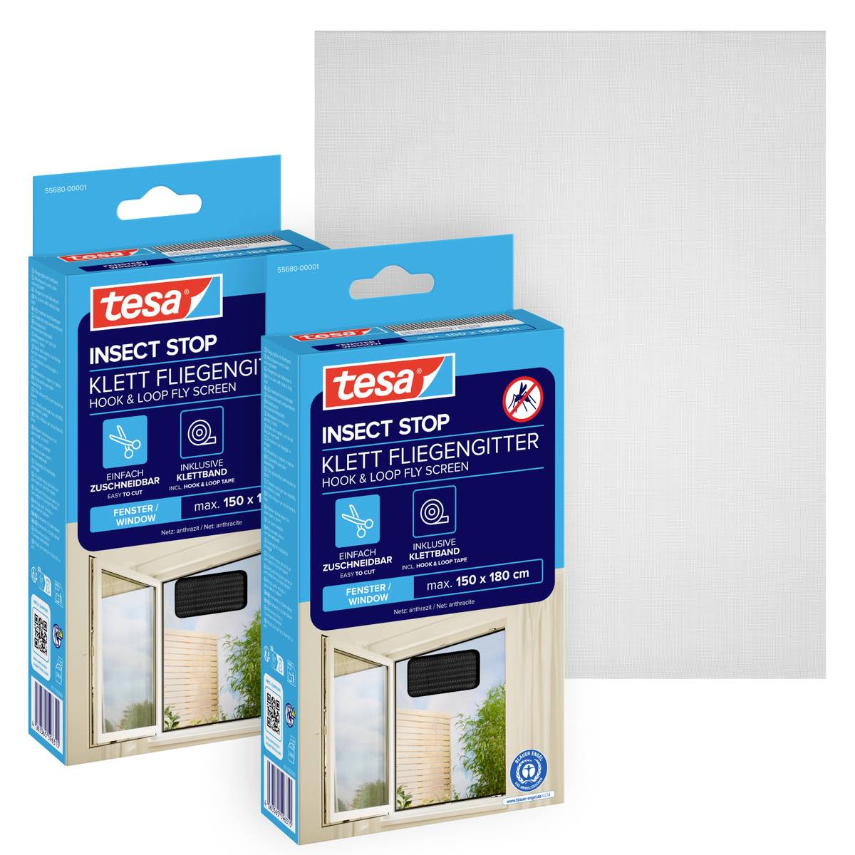 Zwei tesa Insect Stop Klettband-Fliegengitter-Produktboxen, eine für ein Fenster und eine für ein Fenster mit einer Tür, auf weißem Hintergrund dargestellt.