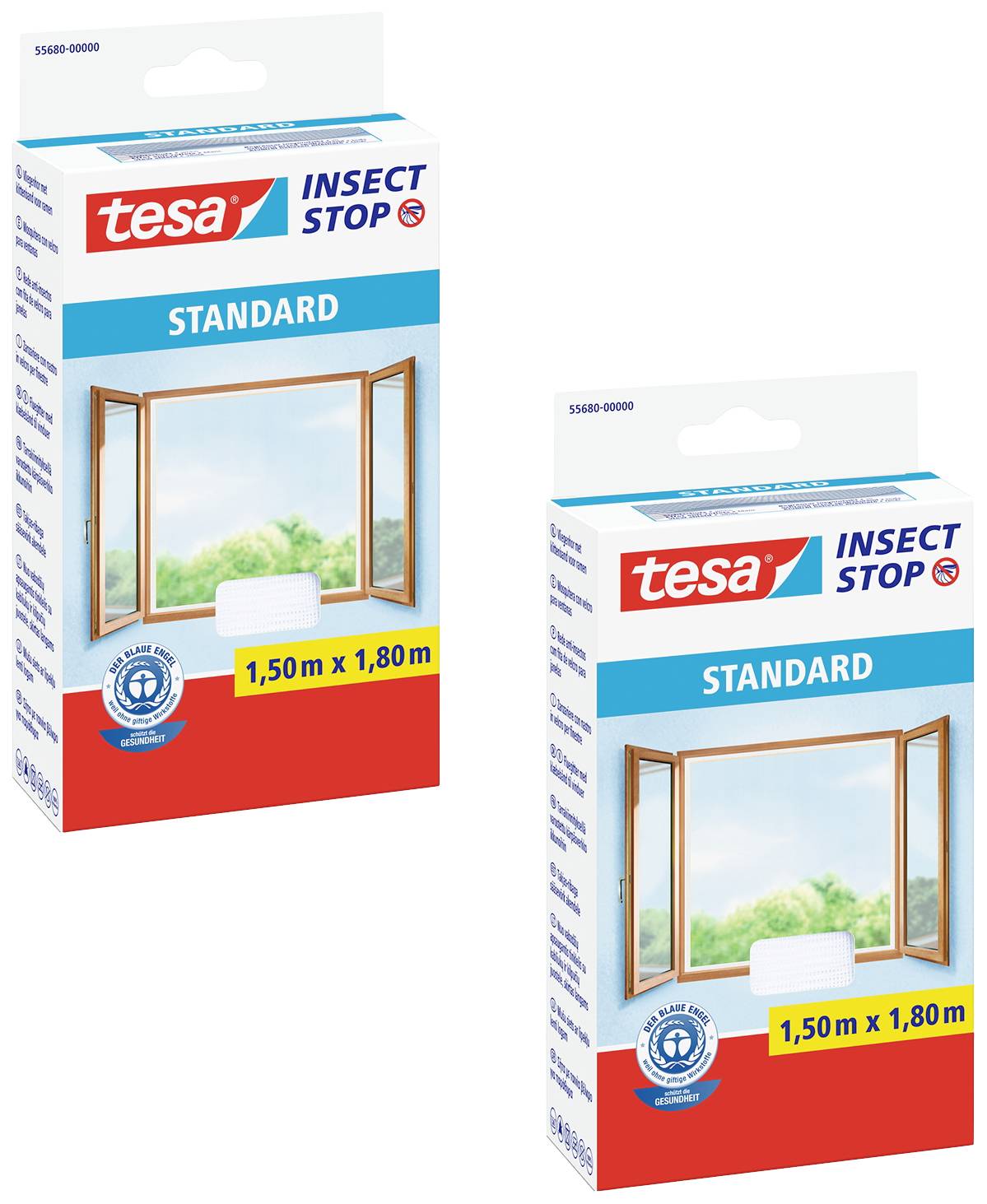 Zwei Verpackungen von 'tesa Insect Stop Standard' Fliegengitter. Maße: 1,50 m x 1,80 m. Abgebildet ist ein geöffnetes Fenster.