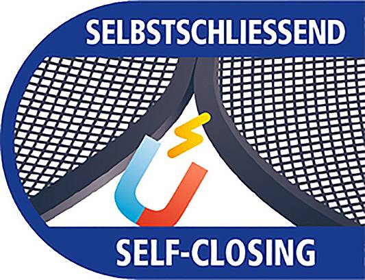 Bild zeigt ein Symbol für 'selbstschließend' mit zwei sich überlappenden Maschen, einem magnetischen Symbol in der Mitte und Hinweisen auf Deutsch und Englisch.