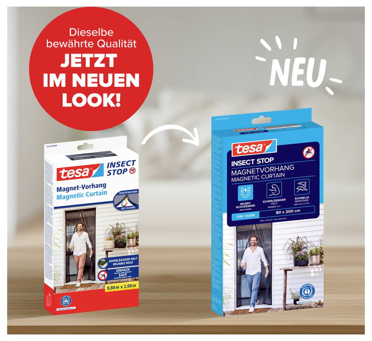 Nebeneinander liegende tesa Insect Stop Magnetvorhang-Verpackungen in altem und neuem Design, mit 'NEU' und 'JETZT IM NEUEN LOOK!' zur Bewerbung des Redesigns.