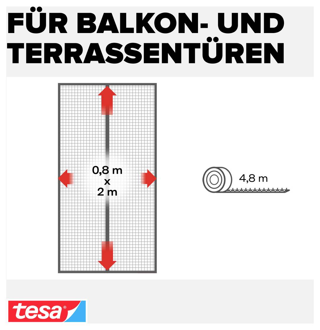 Diagramm, das Klebeband für Balkon- und Terrassentüren zeigt: eine 0,8 m x 2 m Platte und eine 4,8 m Rolle, Marke tesa.