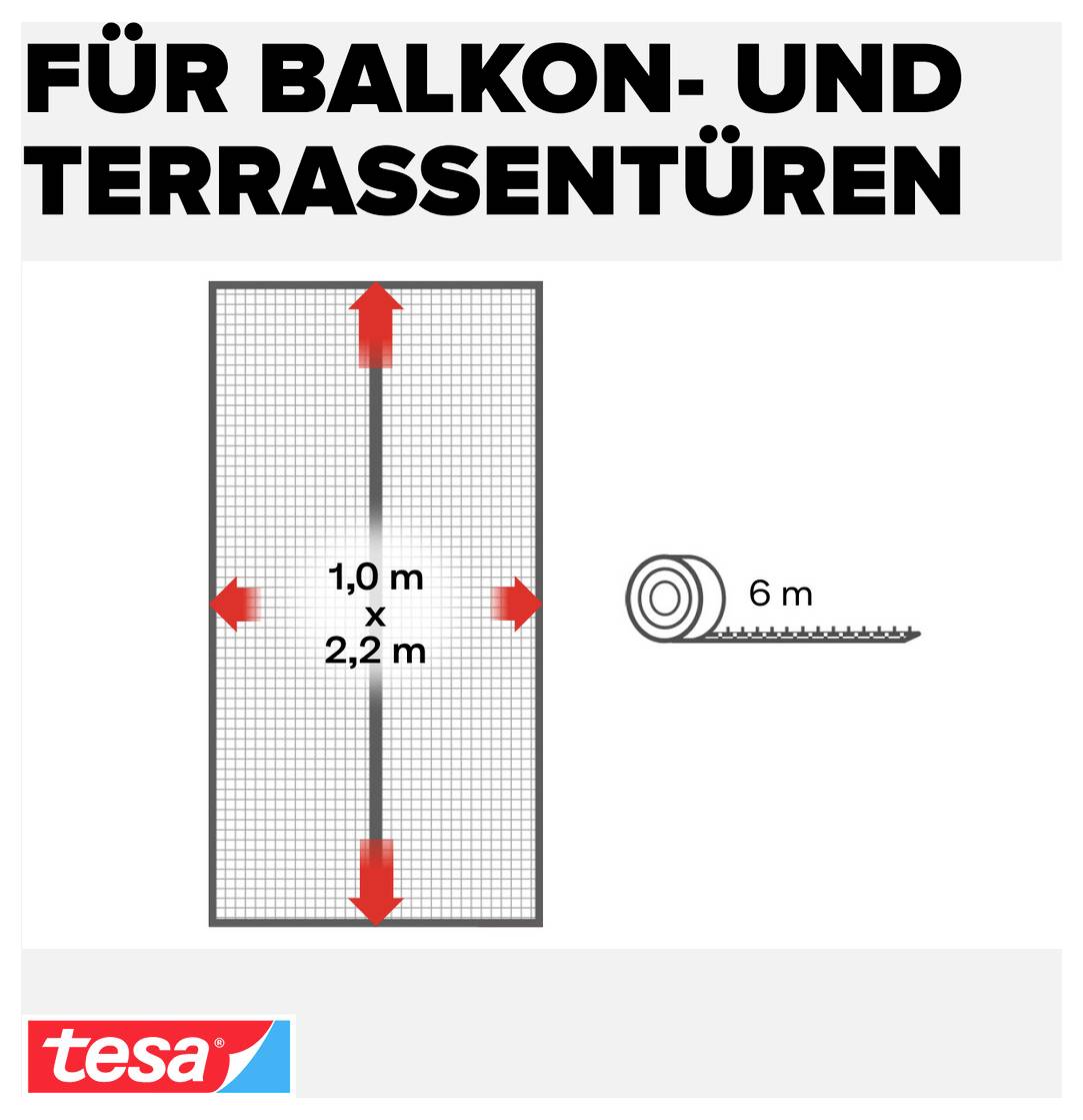 Diagramm für Balkon- und Terrassentüren mit einem 1,0 m x 2,2 m großen Netz oder Gitter, mit 6 m Rollenlänge; tesa-Branding.