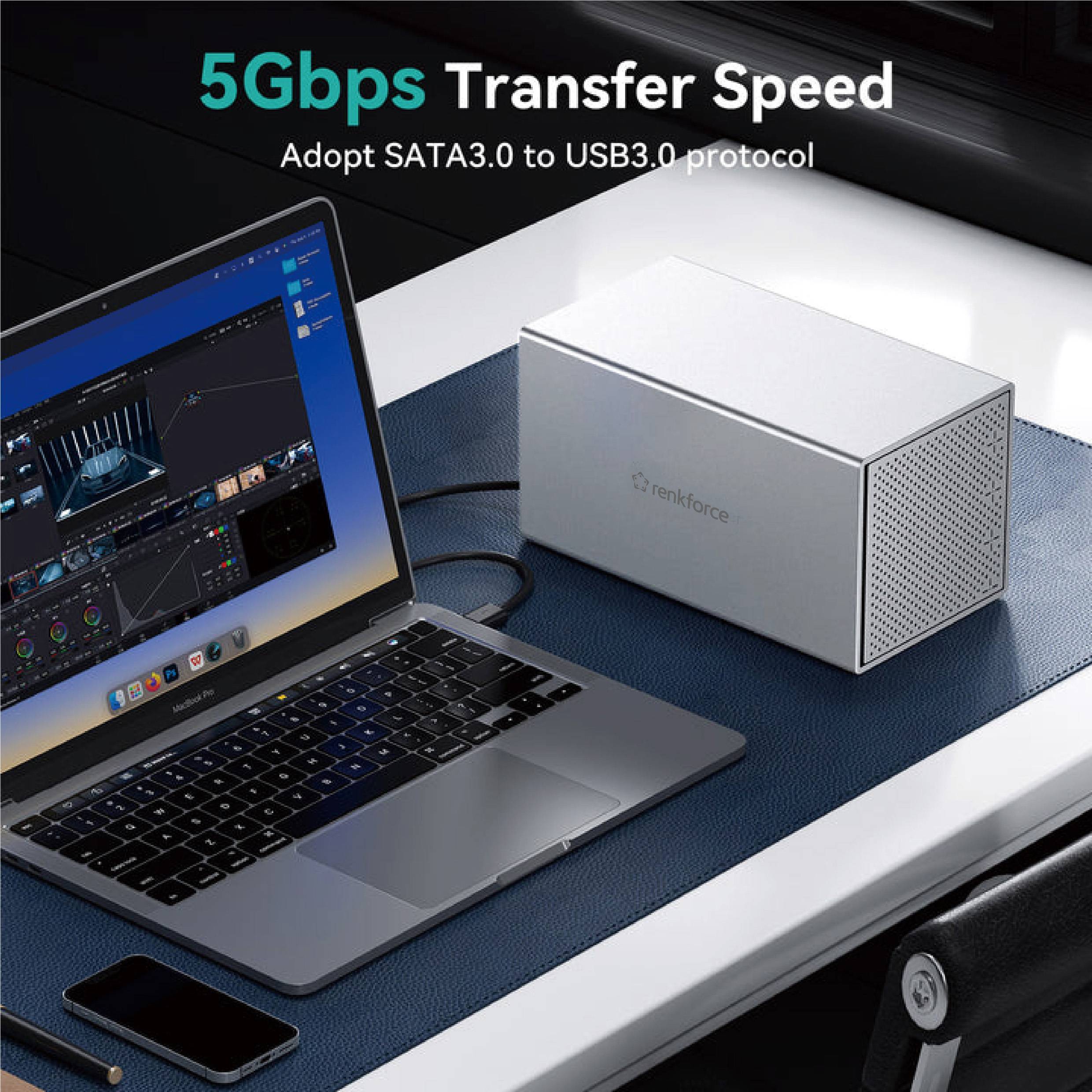 Laptop mit geöffnetem Bildschirm zeigt eine Grafiksoftware. Daneben ein weißes externes Laufwerk. Text '5Gbps Transfer Speed' oben.