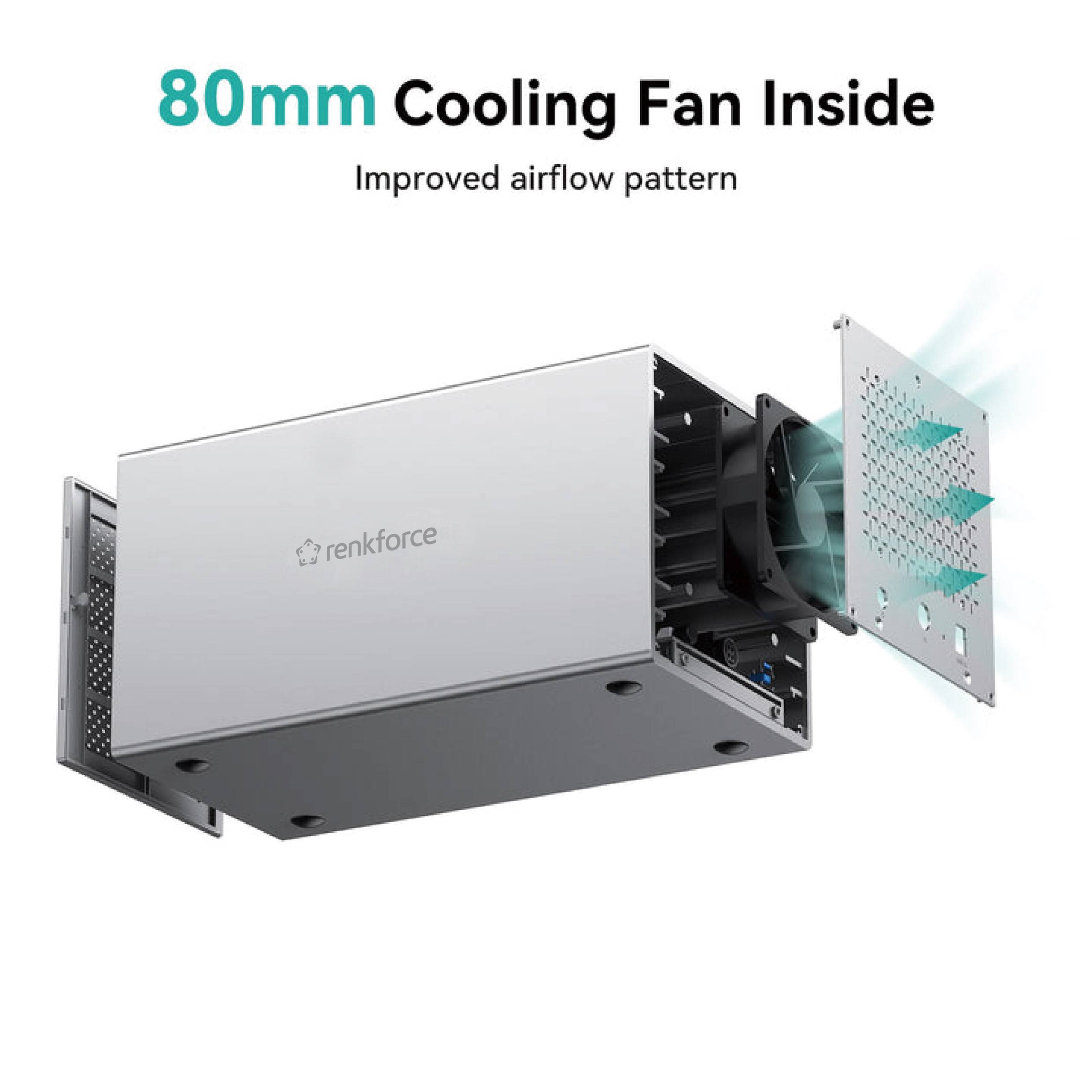 Das Bild zeigt ein geöffnetes elektronisches Gerät von renkforce. Oben steht '80mm Cooling Fan Inside' mit verbessertem Luftstrommuster.