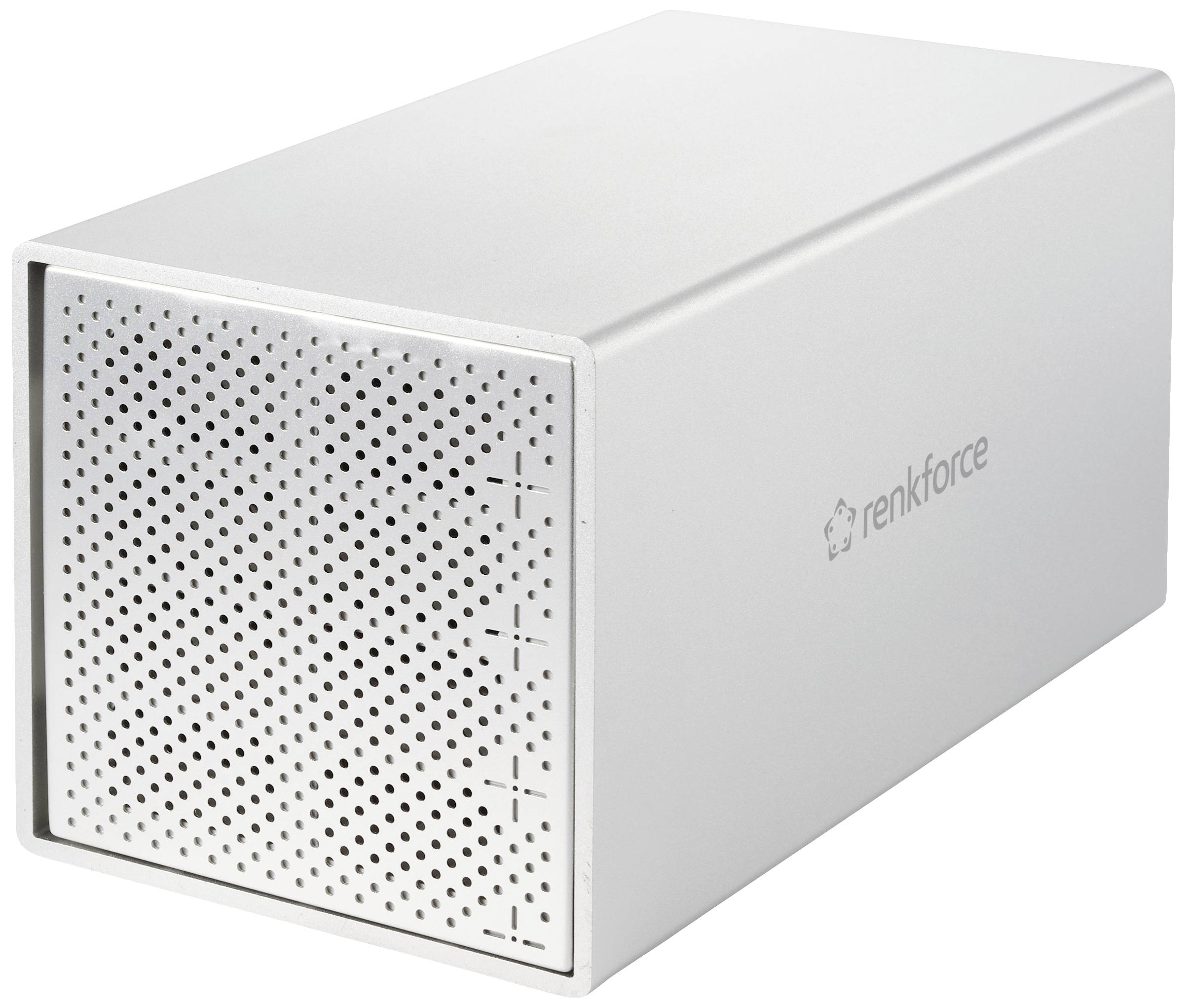 Ein silbernes, rechteckiges Gehäuse der Marke renkforce mit perforierter Front, das vermutlich als externe Festplatten- oder Geräteeinheit dient.