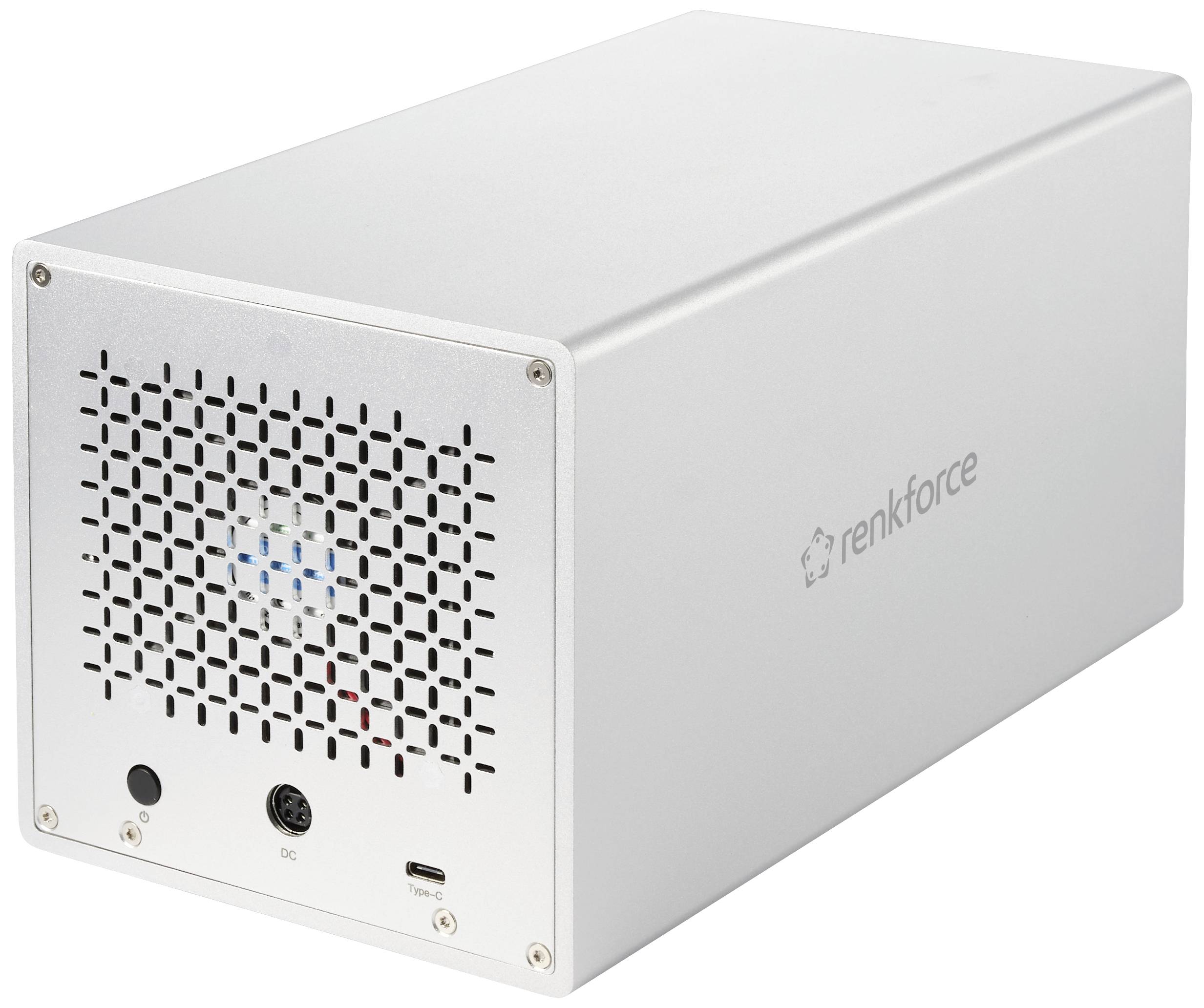 Silbernes, quaderförmiges Renkforce-Gehäuse mit Lüftungsgittern und Anschlüssen an der Vorderseite.