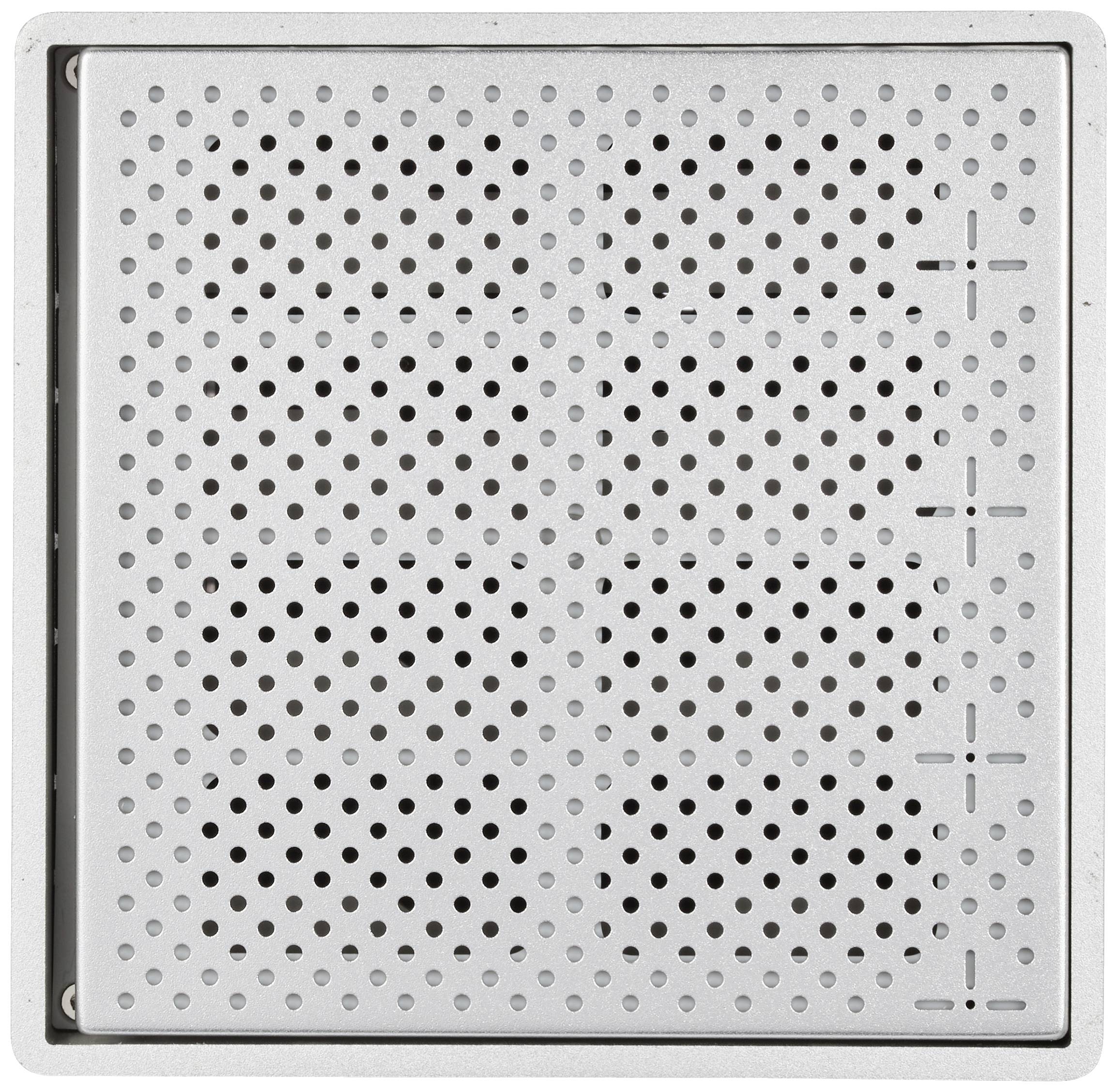 Metallgitter mit gleichmäßigen runden Löchern und gerasterten Linien zur Belüftung oder Schutz von Geräten in einem rechteckigen Rahmen.