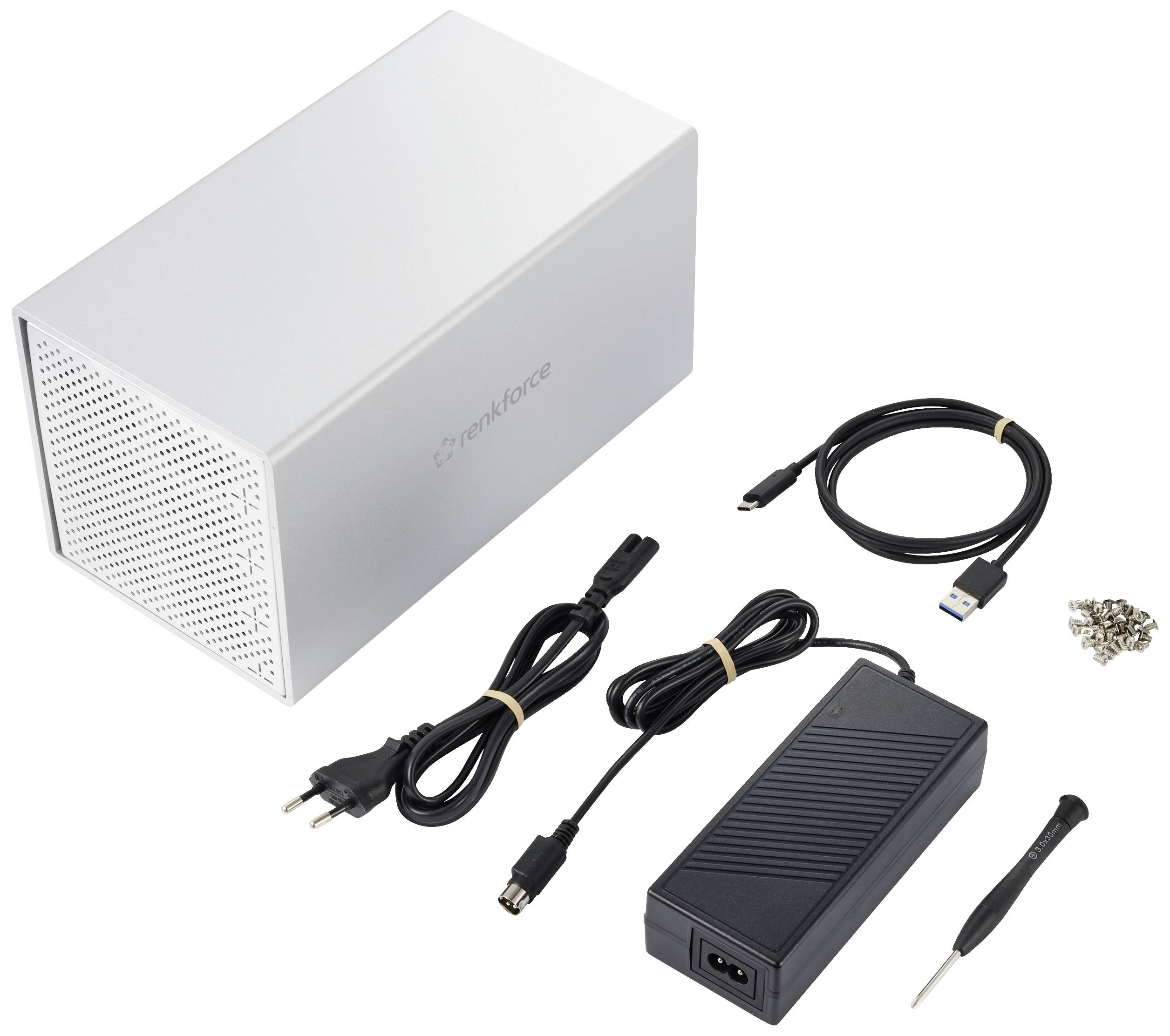 Externe Festplatte mit silbernem Gehäuse, Netzteil, USB-Kabel, Schraubenset und Schraubendreher.