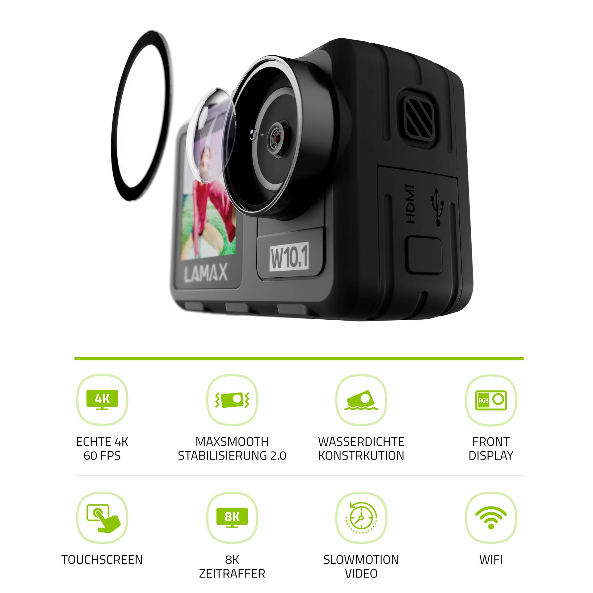 Lamax LAMAX W10.1 Action Cam 4K, Bildstabilisierung, Dual-Display, Wasserfest, Touch-Screen, Full-HD, WLAN