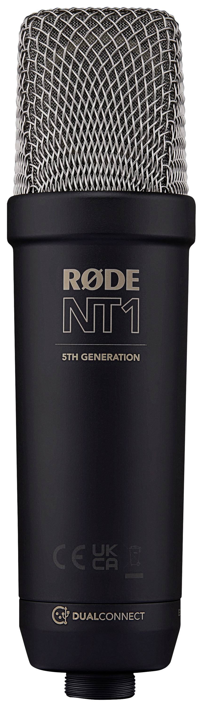 Ein Studio-Mikrofon mit schwarzem Gehäuse und silbernem Gitter. Aufschrift: 'RØDE NT1 5th Generation' und 'DUALCONNECT'.