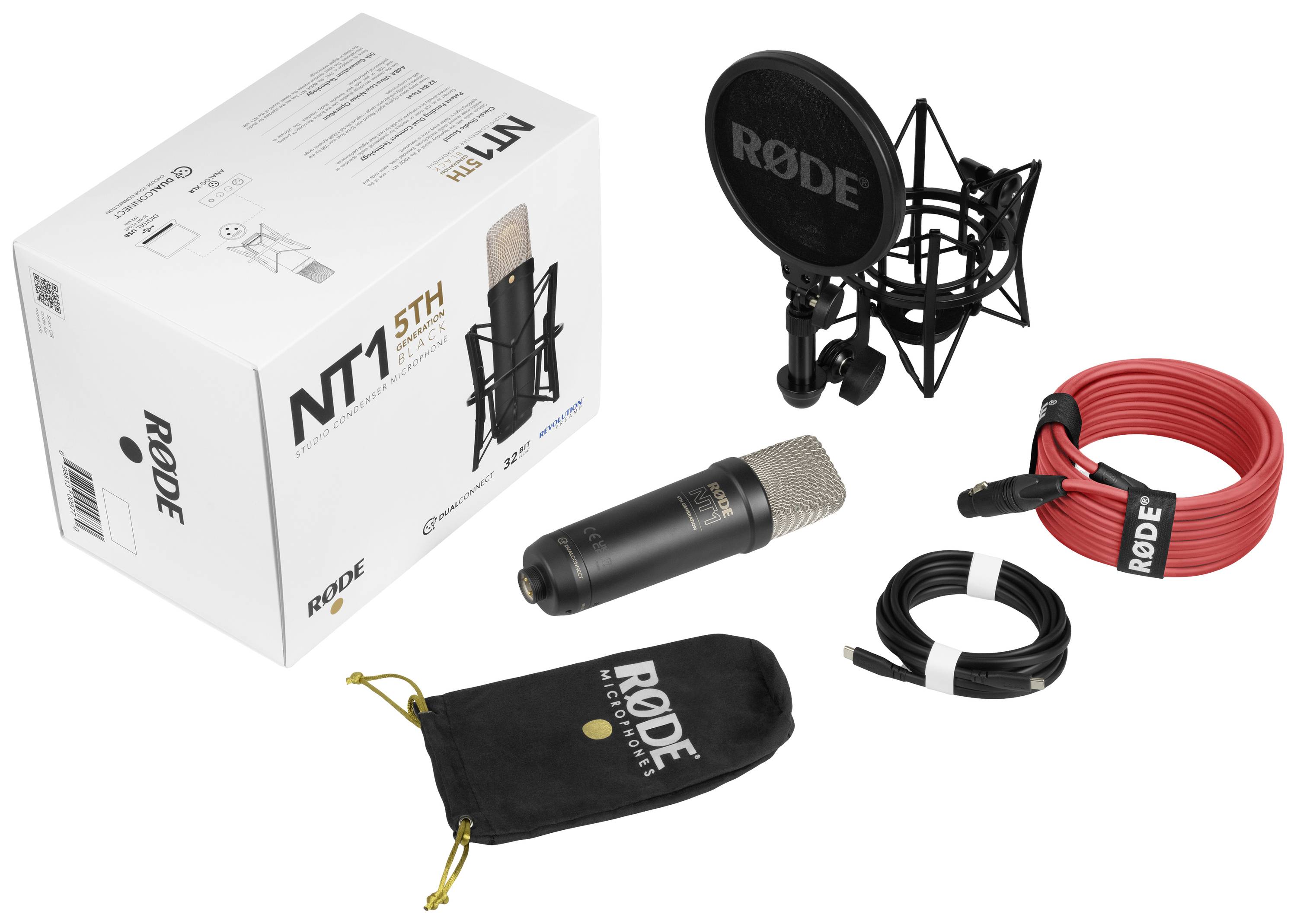 Mikrofonset bestehend aus einem RØDE NT1 5th Generation Mikrofon, Popfilter, Schutzhülle, rotem XLR-Kabel und schwarzem USB-Kabel. Verpackung zeigt Produktabbildung und technische Details.