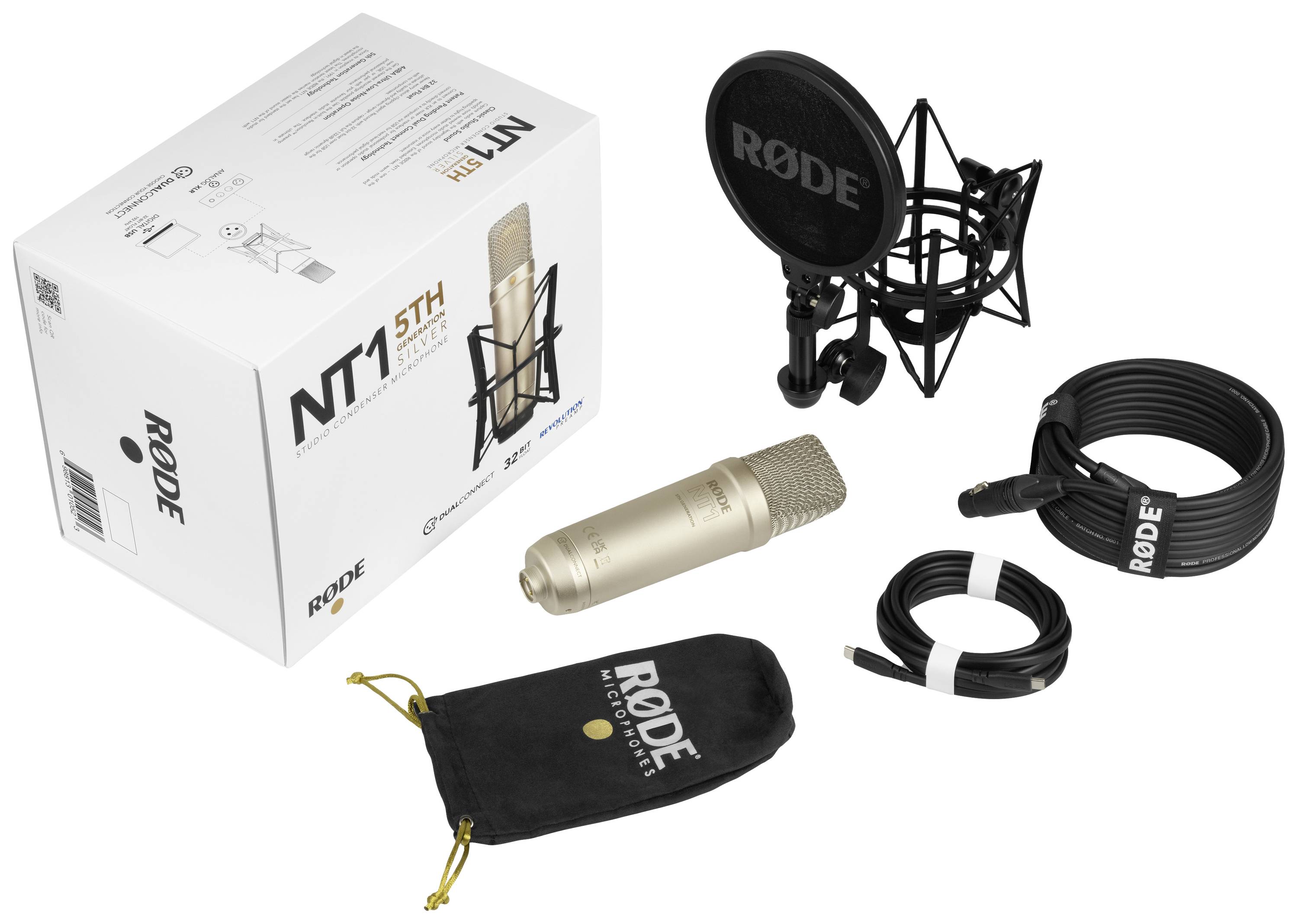 Rode NT1 5th Generation Silver Stand Gesangs-Mikrofon Übertragungsart (Details):Kabelgebunden inkl Spinne, inkl. Kabel, inkl. Tasche XLR, USB-C® Kab