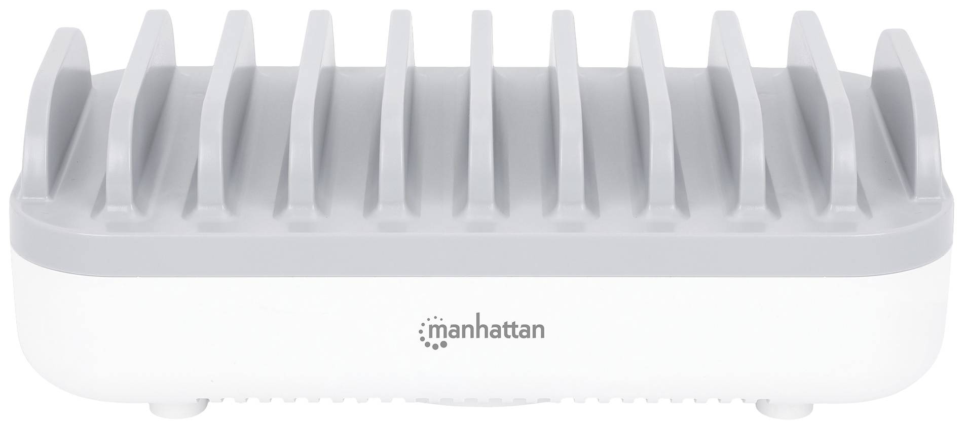 Ein Ladegerät mit mehreren Steckplätzen, geeignet für das gleichzeitige Laden mehrerer Geräte. Marke 'Manhattan' sichtbar.