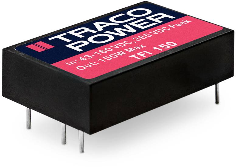 Rechteckiger Transformator von Traco Power mit der Aufschrift 'In: 43-160 VDC, 385 VDC Peak, Out: 150 W Max, TFI 150'.