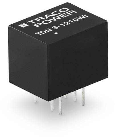 Schwarzer TDN 3-1210WI Spannungswandler von Traco Power, rechteckig mit mehreren Metallstiften zur elektrischen Verbindung.