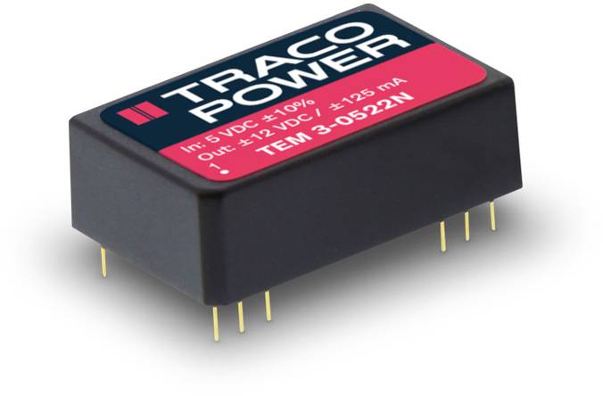 Kleines schwarzes elektronisches Bauteil mit der Aufschrift 'TRACO POWER'. Spezifikationen: Eingang 5 VDC, Ausgang ±12 VDC, Modell TEM 3-0522N.