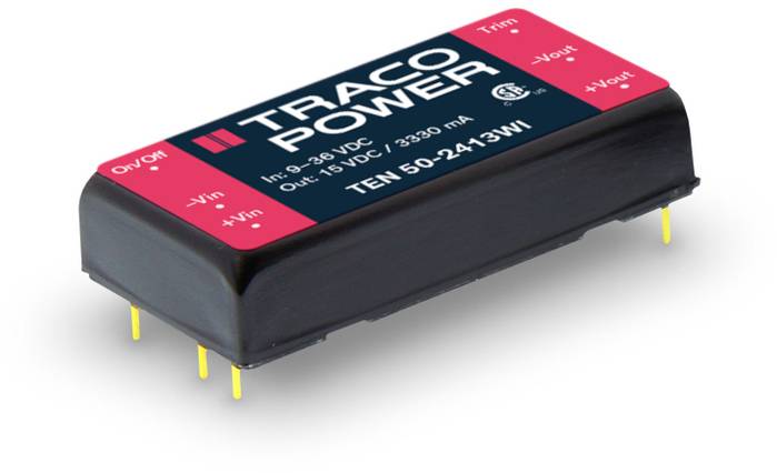Gleichspannungswandler von Traco Power, Modell TEN 50-2413WI, Eingang 9-36 VDC, Ausgang 18 VDC, Leistung 50 Watt, mit gelben Anschlussstiften.
