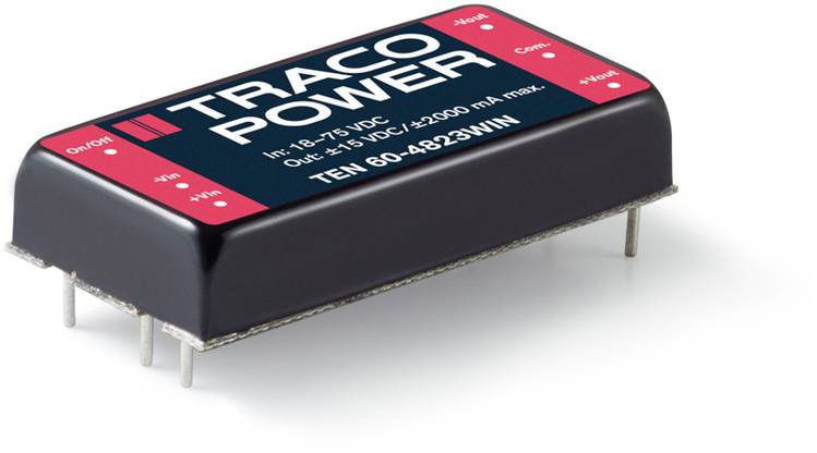 Stromwandler-Modul von Traco Power mit Aufschrift 'Traco Power', Ein- und Ausgangsanschlüssen, Modell TEN 80-4823WIN.