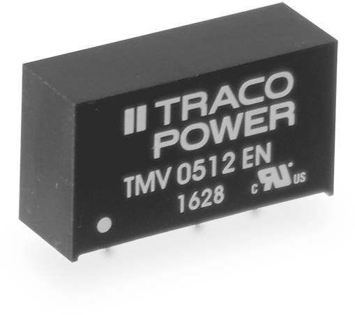 Schwarzer Traco Power Baustein 'TMV 0512 EN' mit Steckkontakten, verwendet in elektronischen Schaltkreisen zur Spannungsregelung.