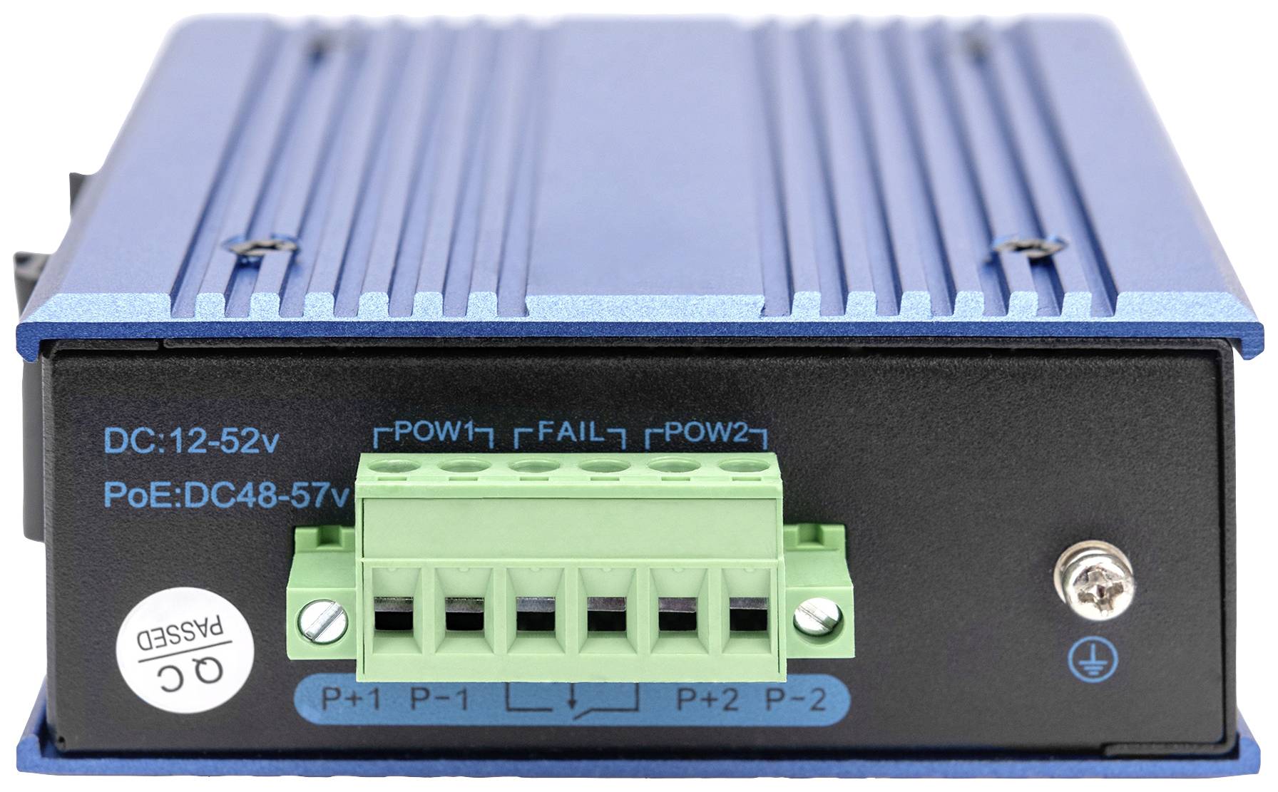 Ein blauer PoE-Injektor mit grünen Anschlüssen und Spannungsangaben (DC: 12-52 V, PoE: DC 48-57 V) auf der Vorderseite.