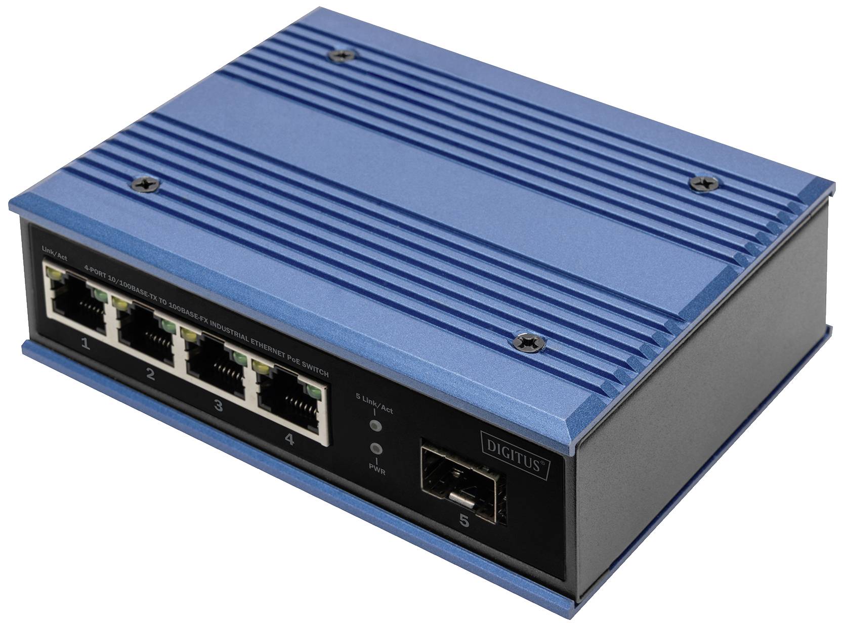 Ein blauer Ethernet-Switch mit fünf Netzwerkanschlüssen auf der Vorderseite. Markierung 'DIGITUS' auf der rechten Seite.