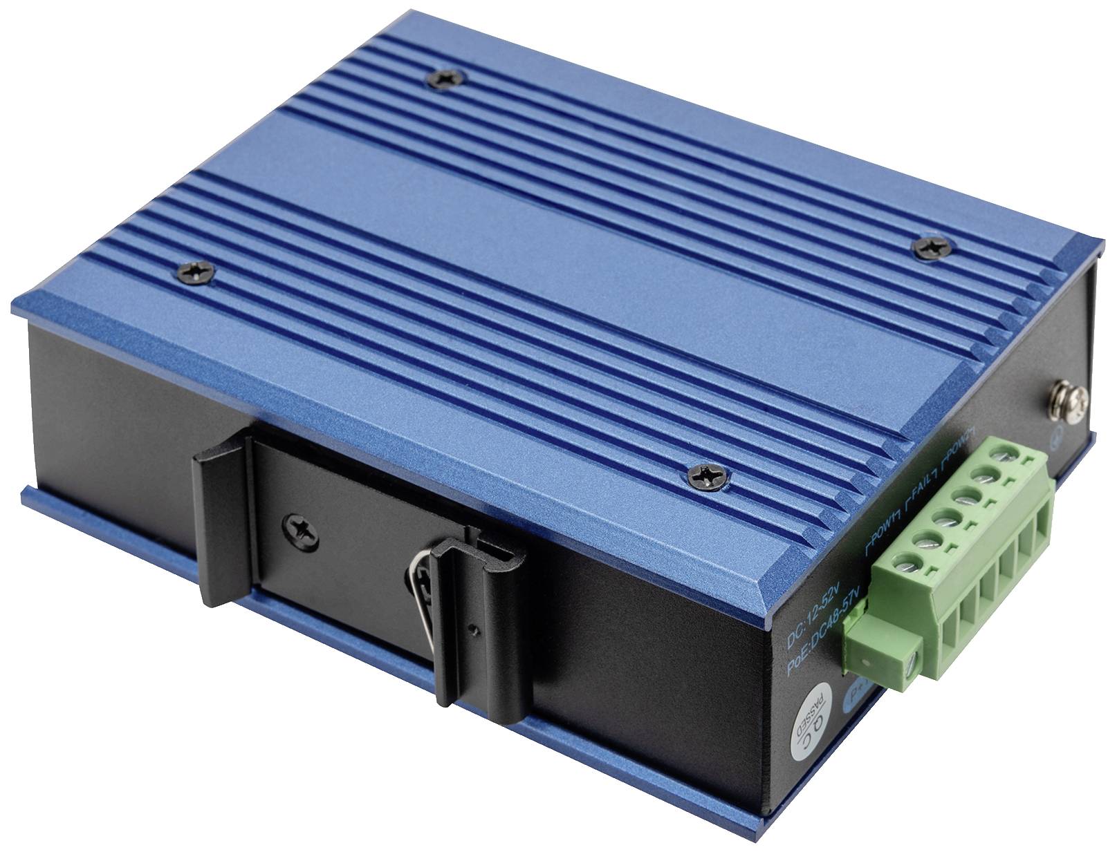 Ein blaues, rechteckiges elektronisches Gerät mit einem grünen Stecker an der Seite, verwendet zur industriellen Anwendung.