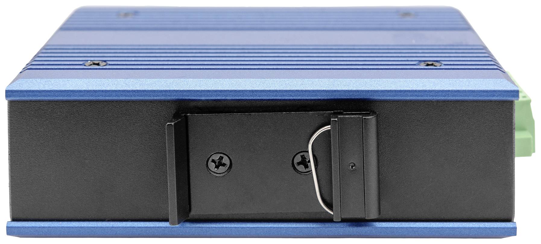 Blaues, rechteckiges Elektronikgerät mit schwarzer Frontplatte und Metallschrauben.