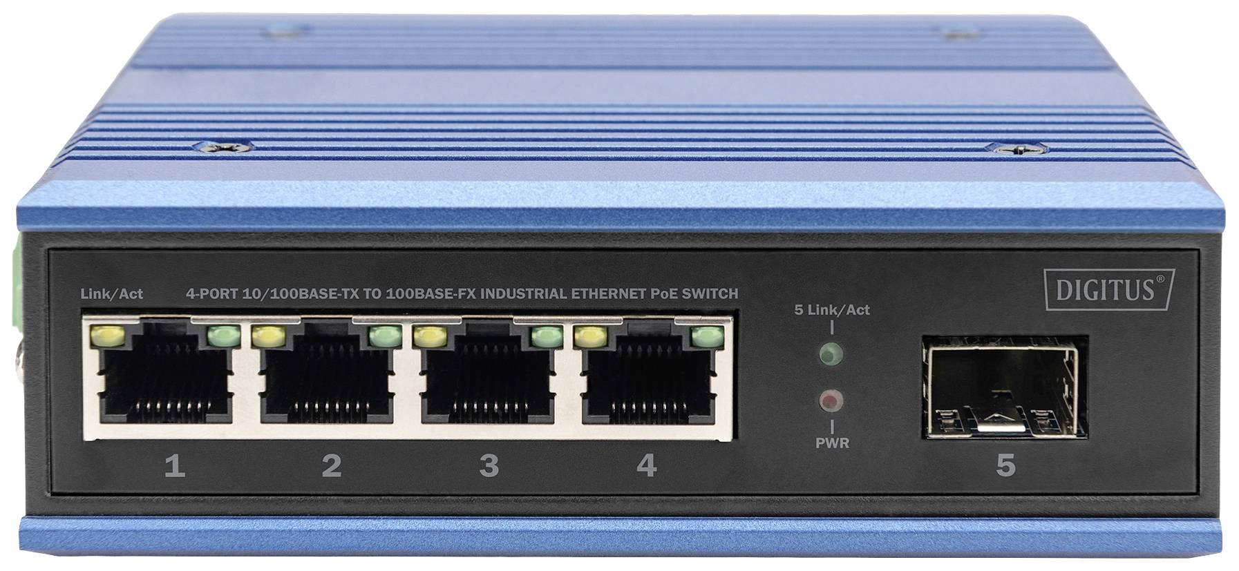 Ein blauer Ethernet-Switch mit fünf nummerierten Ports (1-5), einer Glasfaserverbindung rechts und zwei LED-Anzeigen links.