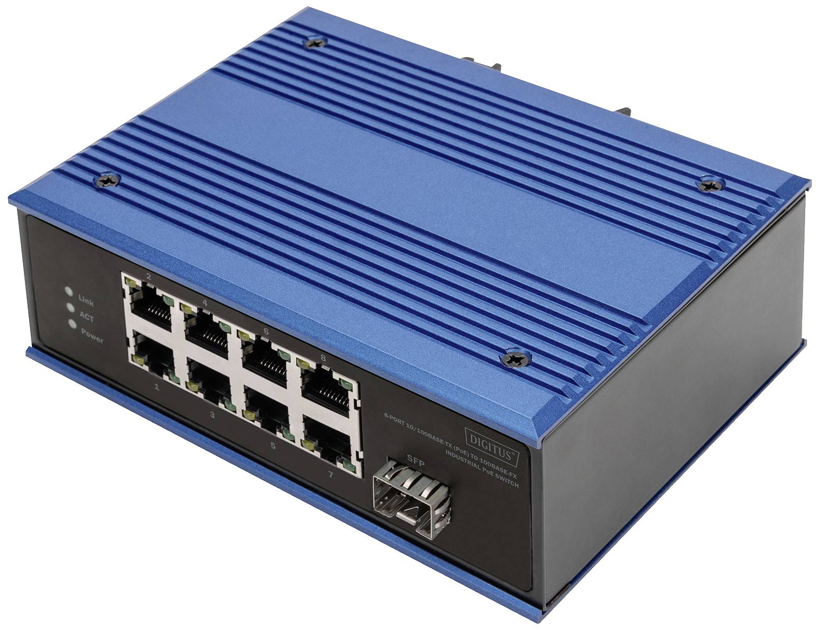 Ein blauer Ethernet-Switch mit acht RJ45-Anschlüssen und einem zusätzlichen Glasfaseranschluss auf der Vorderseite.