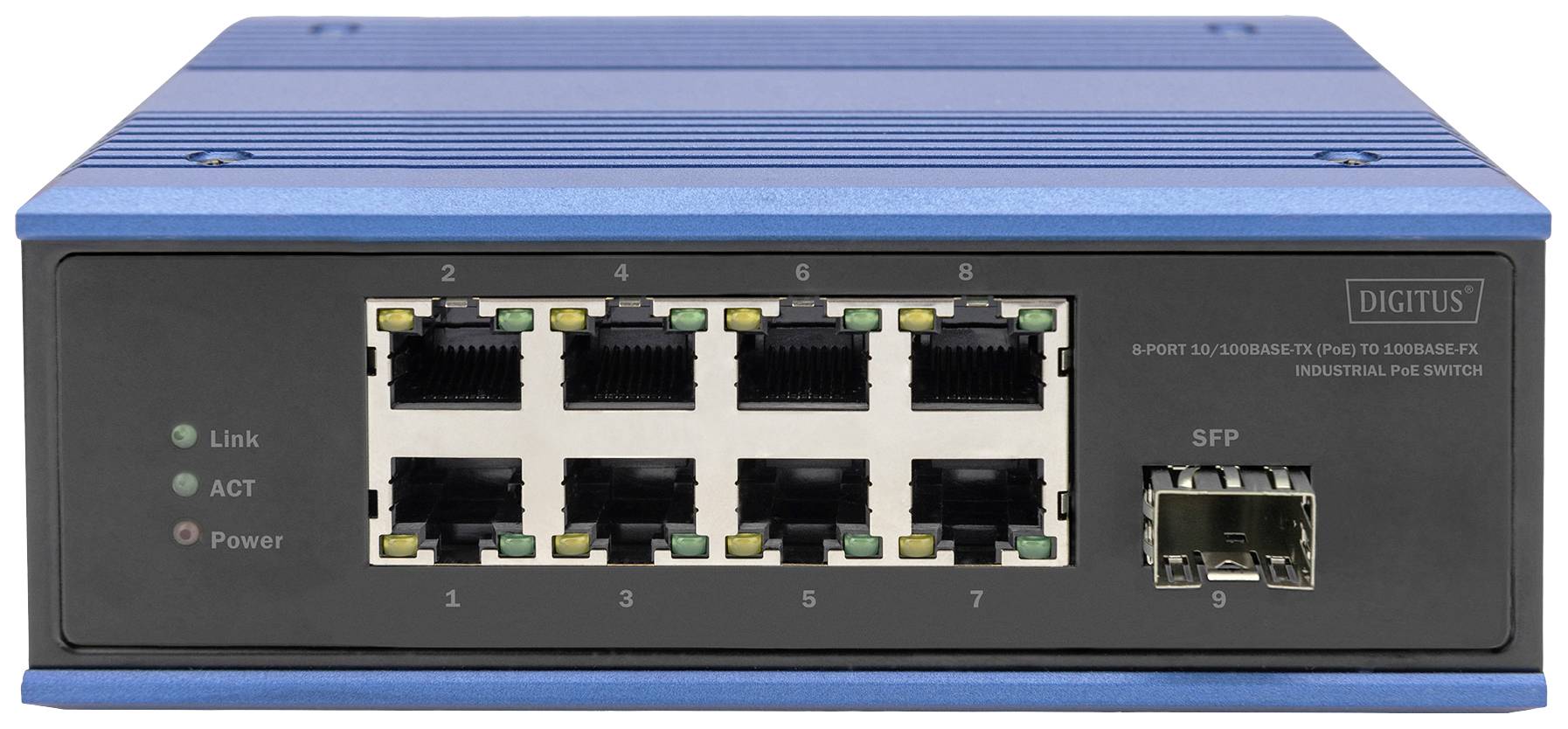 Ein blauer, industrieller PoE-Switch mit acht Ethernet-Ports und einem SFP-Port. LEDs zeigen Link, Aktivität und Stromversorgung an.
