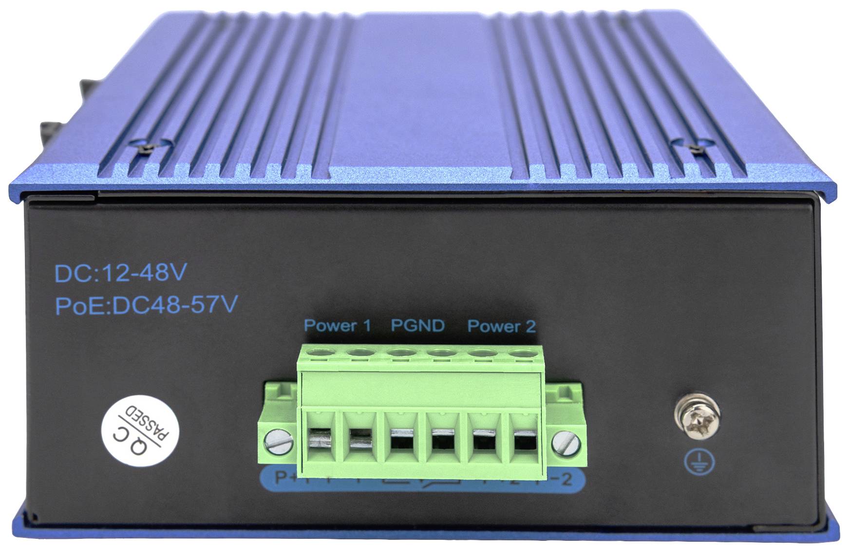 Elektronisches Gerät in einem blauen Metallgehäuse mit grünen Anschlüssen auf der Vorderseite für Power und PGND; Spannungsbereich: DC: 12-48V.