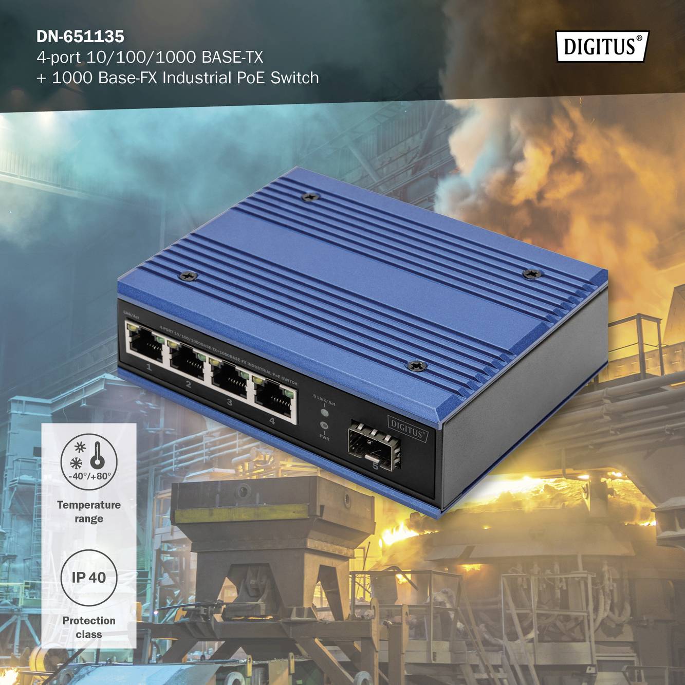 Digitus DN-651135 Industrial Ethernet Switch 4+1 Port 10 / 100 / 1000 MBit/s PoE-Funktion