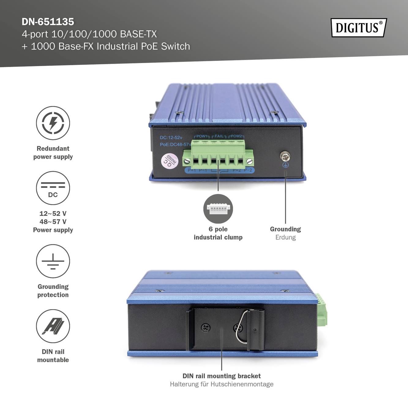 'DN-651135', 4-Port PoE Switch mit redundanter Stromversorgung und Erdung. Gehäuse in Blau, zur Befestigung geeignet, von Digitus.