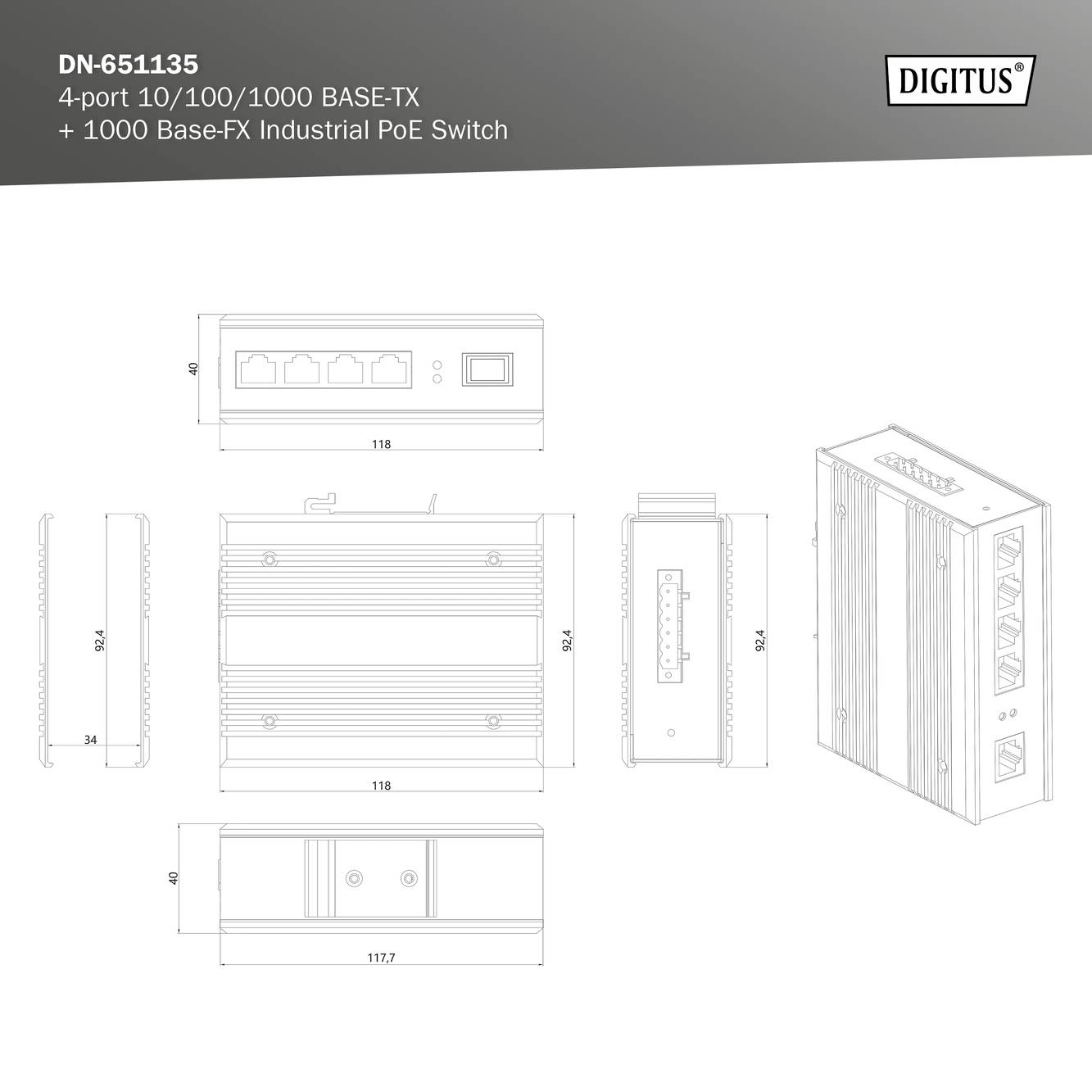 'DN-651135 4-port 10/100/1000 BASE-TX + 1000 Base-FX Industrial PoE Switch' mit technischen Zeichnungen und Maßen des Geräts.
