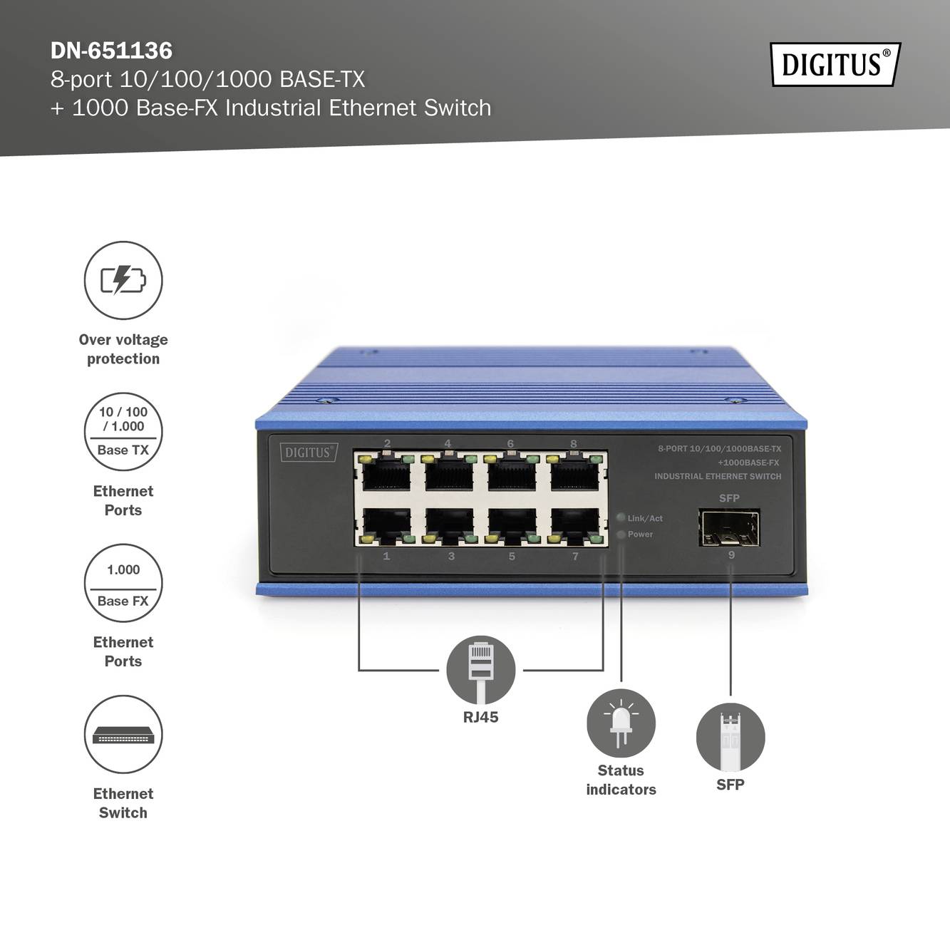 Digitus DN-651136 Industrial Ethernet Switch 8 + 1 Port 10 / 100 / 1000MBit/s