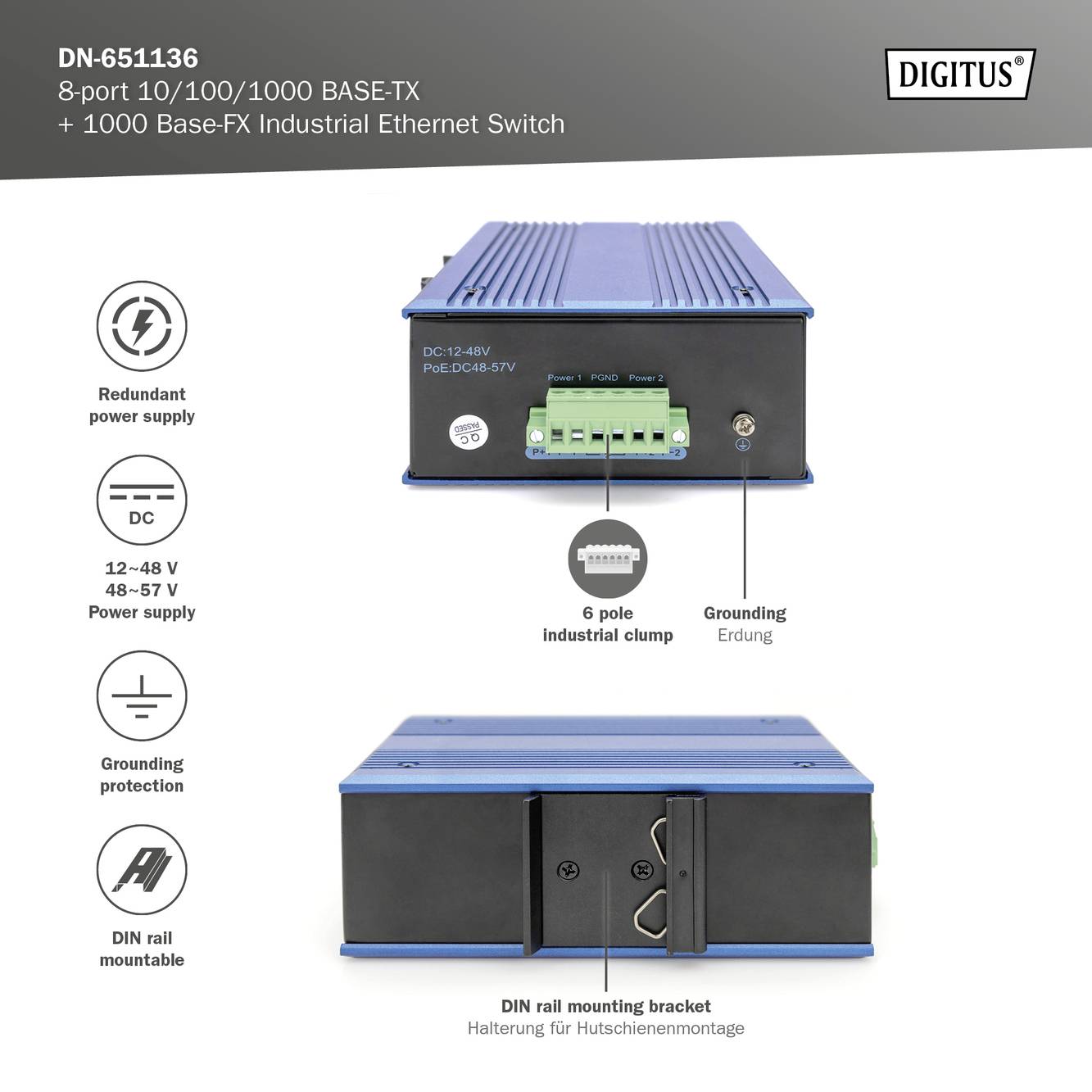 Digitus DN-651136 Industrial Ethernet Switch 8 + 1 Port 10 / 100 / 1000MBit/s