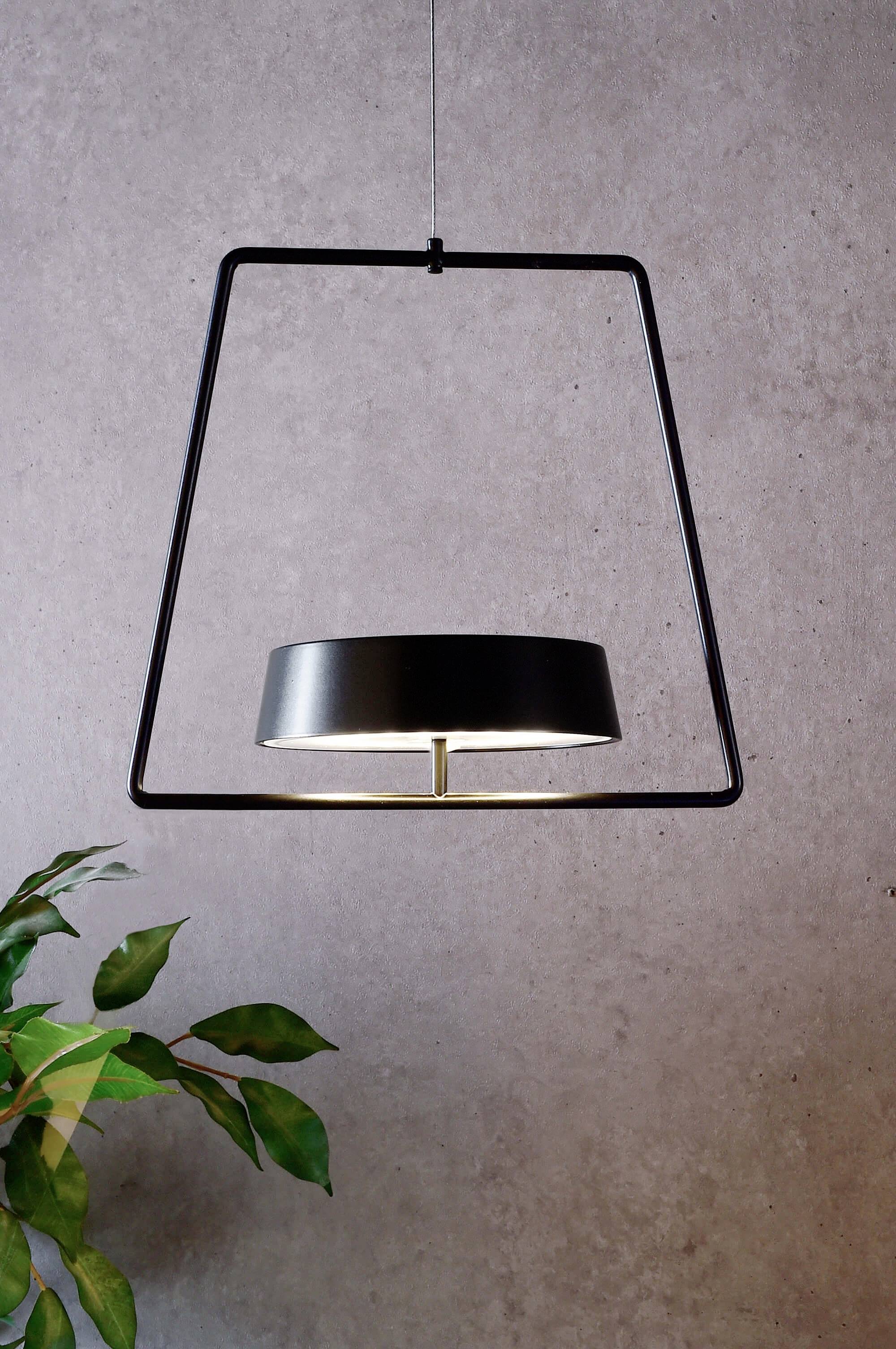 Moderne Pendelleuchte in geometrischem Design vor einer grauen Wand. Links unten sind grüne Blätter einer Pflanze zu sehen.