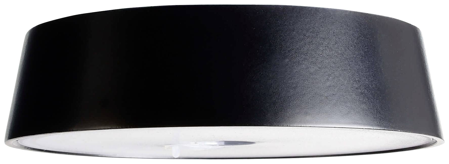 Schwarze zylindrische Deckenleuchte mit weißem Diffusor, gleichmäßiges Licht abstrahlend. Ideal für moderne Innenräume.