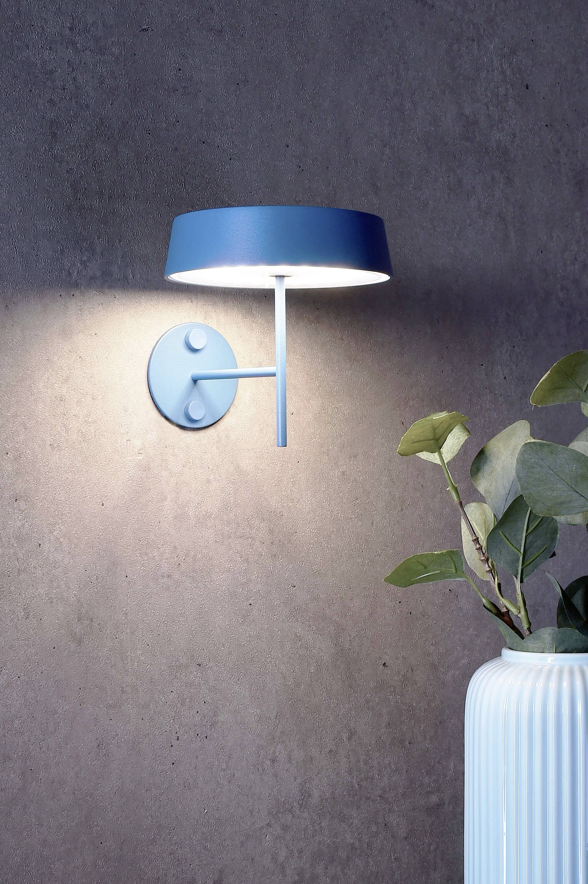 Blaue Wandleuchte auf grauem Betonhintergrund, scheint Licht auf Vase mit grünen Blättern.