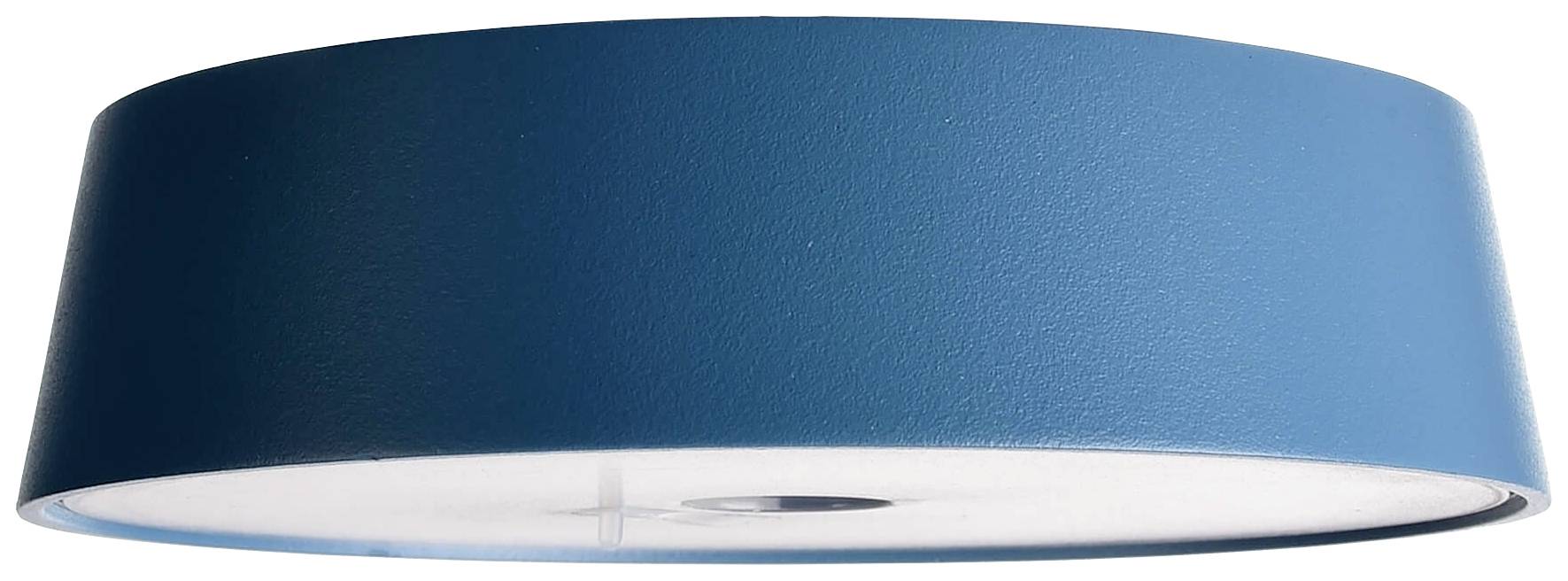 Einfacher, blauer Deckenlampenschirm aus Metall, zylindrisch geformt, zeigt eine glatte Oberfläche. Ideal für modernes Interieur.