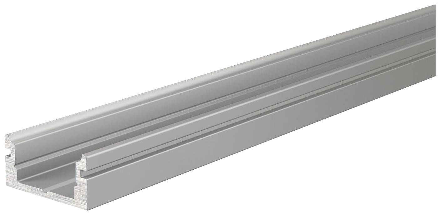 Silberne Metallschiene mit U-förmigem Profil, seitliche Perspektive. Ideal zur Befestigung oder Montage in baulichen Anwendungen.